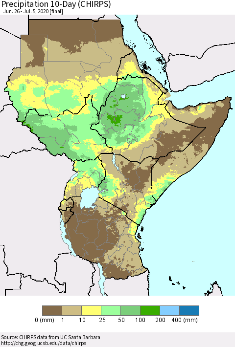 Eastern Africa Precipitation 10-Day (CHIRPS) Thematic Map For 6/26/2020 - 7/5/2020