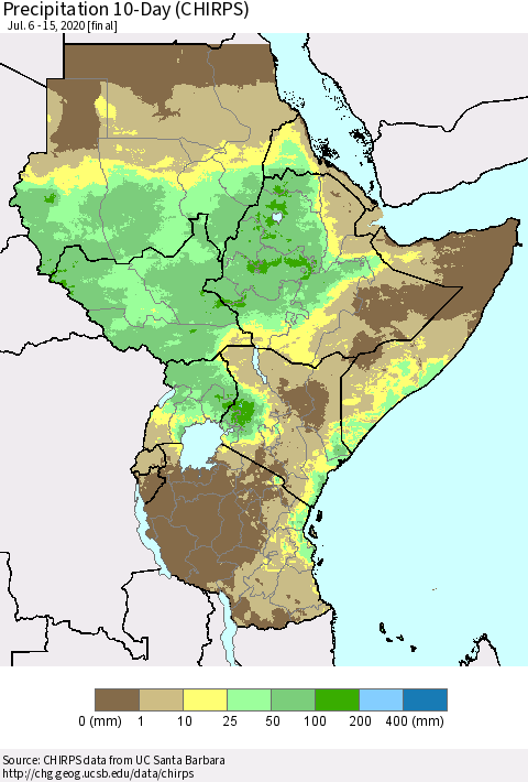 Eastern Africa Precipitation 10-Day (CHIRPS) Thematic Map For 7/6/2020 - 7/15/2020