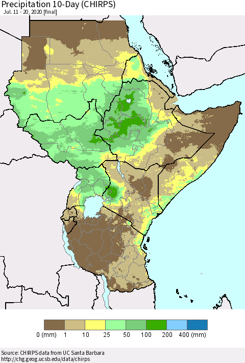 Eastern Africa Precipitation 10-Day (CHIRPS) Thematic Map For 7/11/2020 - 7/20/2020