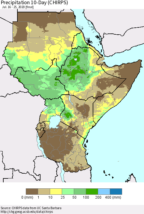 Eastern Africa Precipitation 10-Day (CHIRPS) Thematic Map For 7/16/2020 - 7/25/2020