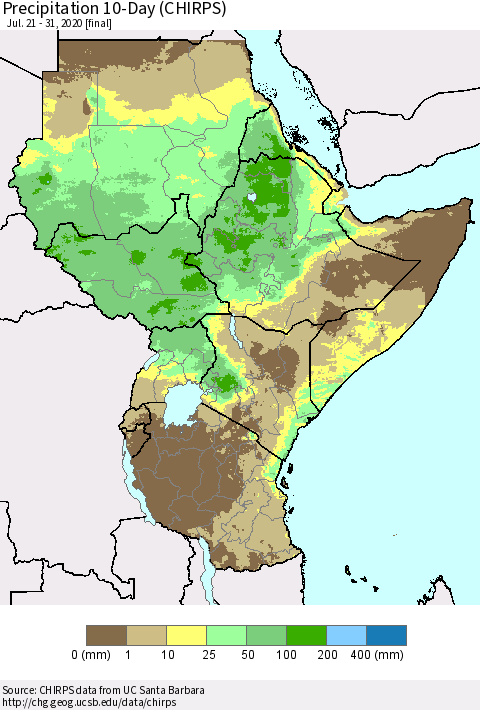 Eastern Africa Precipitation 10-Day (CHIRPS) Thematic Map For 7/21/2020 - 7/31/2020