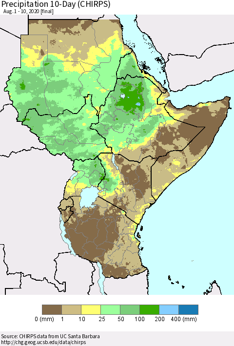 Eastern Africa Precipitation 10-Day (CHIRPS) Thematic Map For 8/1/2020 - 8/10/2020