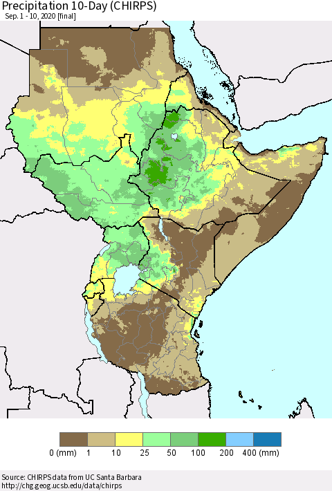 Eastern Africa Precipitation 10-Day (CHIRPS) Thematic Map For 9/1/2020 - 9/10/2020
