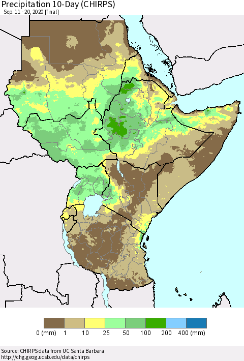 Eastern Africa Precipitation 10-Day (CHIRPS) Thematic Map For 9/11/2020 - 9/20/2020