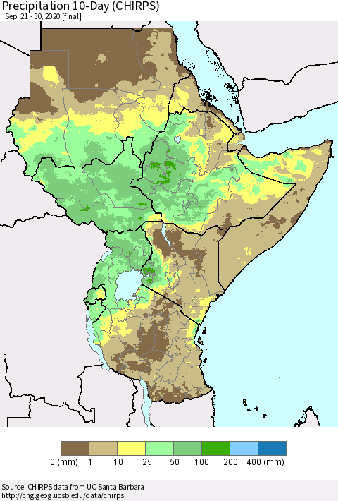 Eastern Africa Precipitation 10-Day (CHIRPS) Thematic Map For 9/21/2020 - 9/30/2020