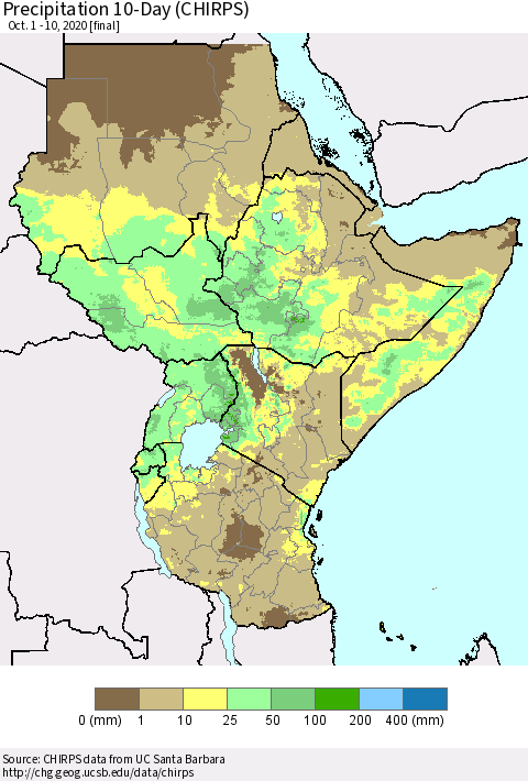 Eastern Africa Precipitation 10-Day (CHIRPS) Thematic Map For 10/1/2020 - 10/10/2020