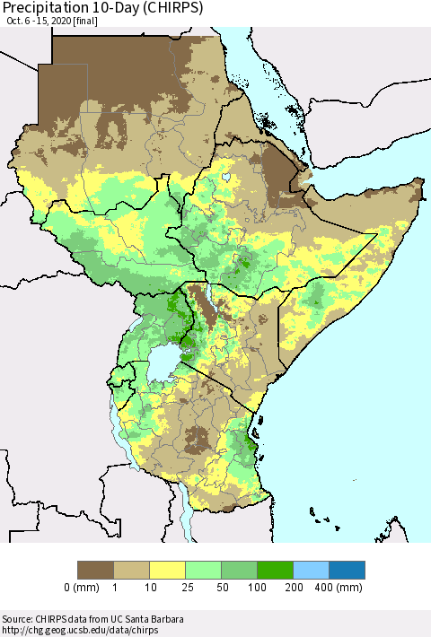 Eastern Africa Precipitation 10-Day (CHIRPS) Thematic Map For 10/6/2020 - 10/15/2020