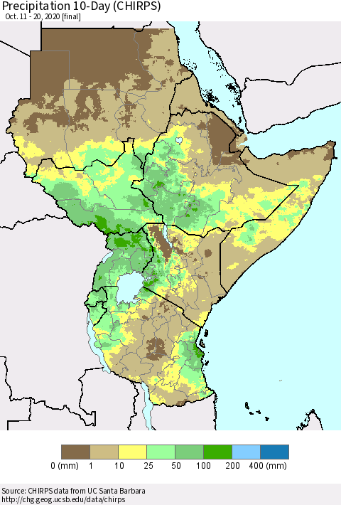 Eastern Africa Precipitation 10-Day (CHIRPS) Thematic Map For 10/11/2020 - 10/20/2020