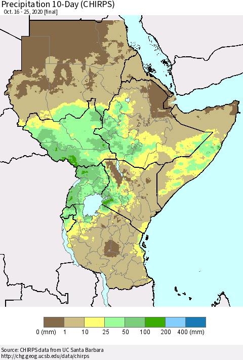 Eastern Africa Precipitation 10-Day (CHIRPS) Thematic Map For 10/16/2020 - 10/25/2020