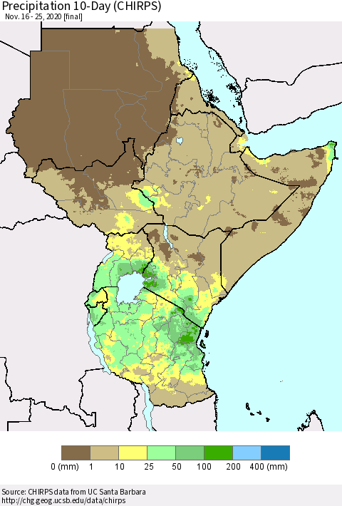 Eastern Africa Precipitation 10-Day (CHIRPS) Thematic Map For 11/16/2020 - 11/25/2020