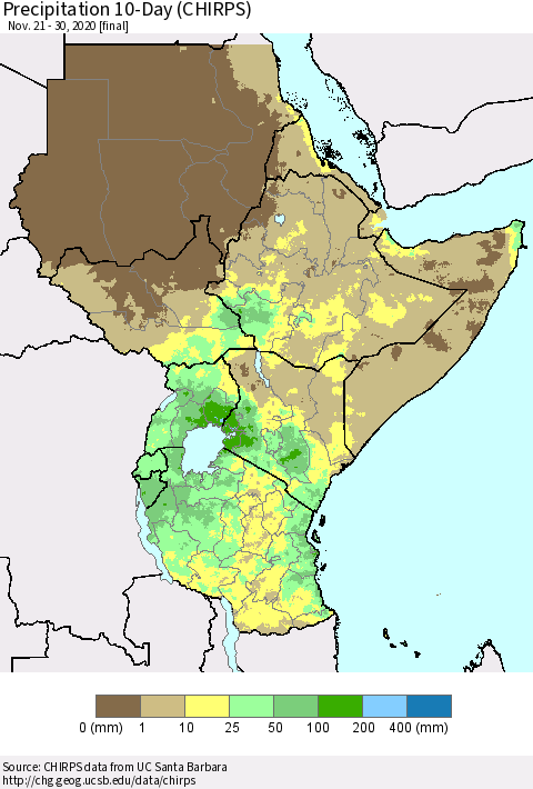Eastern Africa Precipitation 10-Day (CHIRPS) Thematic Map For 11/21/2020 - 11/30/2020