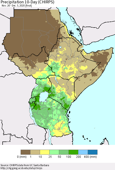 Eastern Africa Precipitation 10-Day (CHIRPS) Thematic Map For 11/26/2020 - 12/5/2020