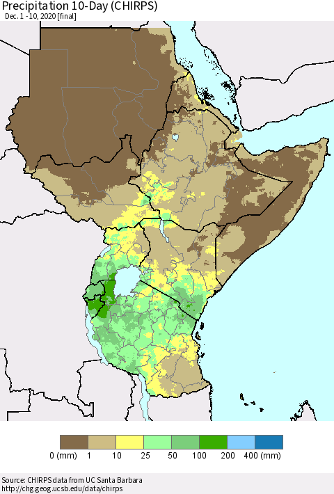 Eastern Africa Precipitation 10-Day (CHIRPS) Thematic Map For 12/1/2020 - 12/10/2020