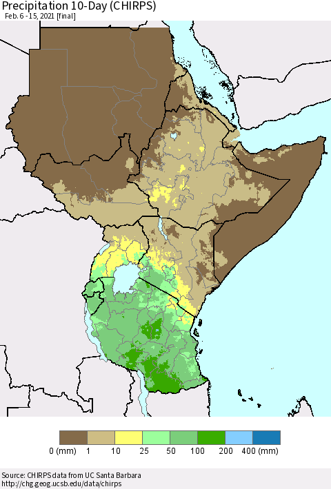 Eastern Africa Precipitation 10-Day (CHIRPS) Thematic Map For 2/6/2021 - 2/15/2021
