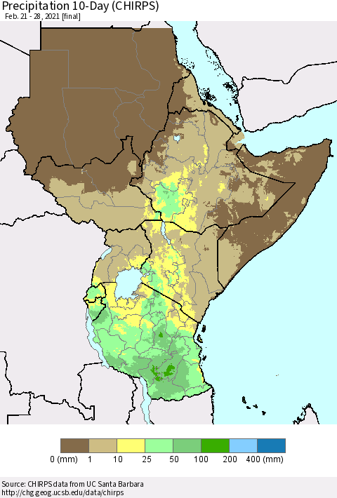 Eastern Africa Precipitation 10-Day (CHIRPS) Thematic Map For 2/21/2021 - 2/28/2021