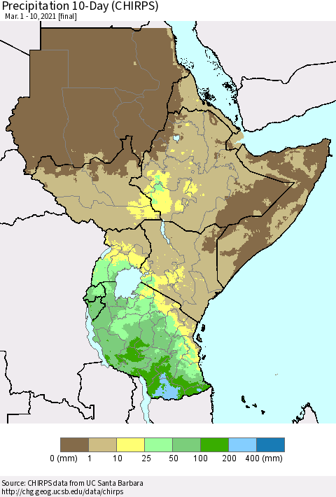 Eastern Africa Precipitation 10-Day (CHIRPS) Thematic Map For 3/1/2021 - 3/10/2021