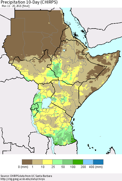Eastern Africa Precipitation 10-Day (CHIRPS) Thematic Map For 3/11/2021 - 3/20/2021