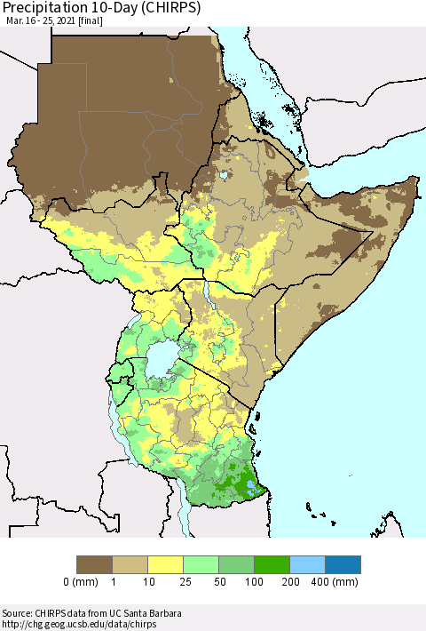 Eastern Africa Precipitation 10-Day (CHIRPS) Thematic Map For 3/16/2021 - 3/25/2021