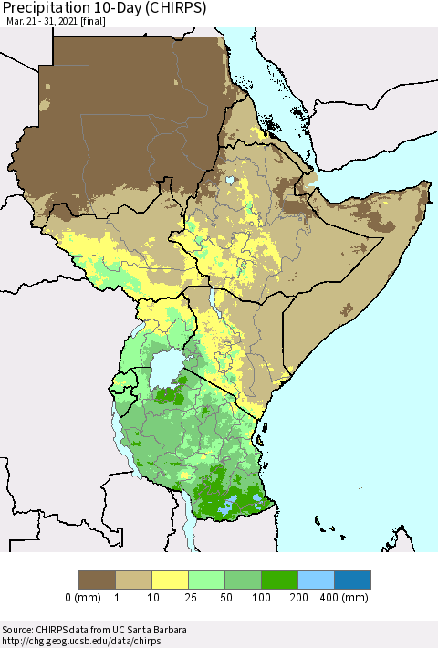 Eastern Africa Precipitation 10-Day (CHIRPS) Thematic Map For 3/21/2021 - 3/31/2021