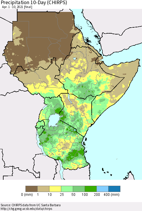 Eastern Africa Precipitation 10-Day (CHIRPS) Thematic Map For 4/1/2021 - 4/10/2021