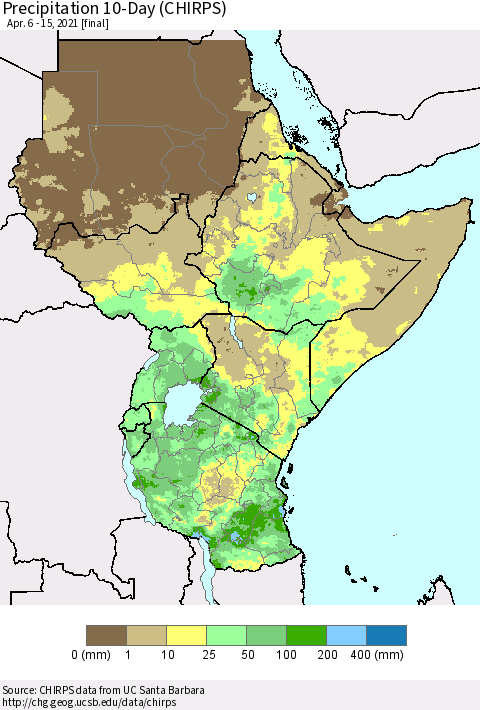 Eastern Africa Precipitation 10-Day (CHIRPS) Thematic Map For 4/6/2021 - 4/15/2021