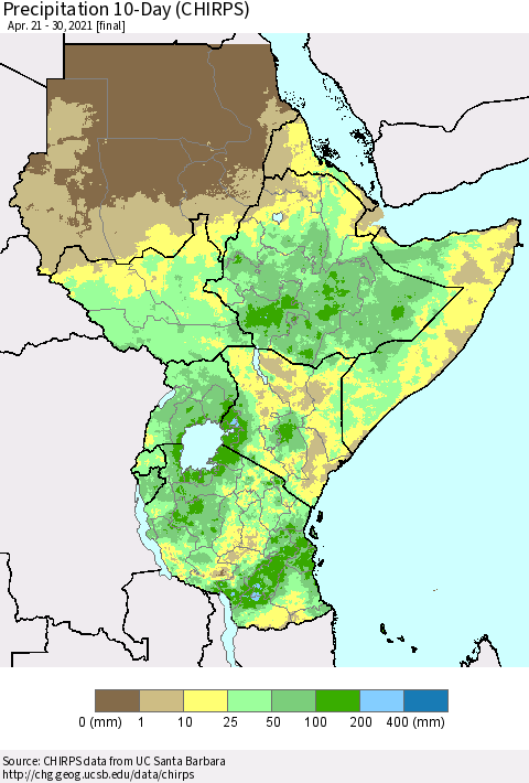 Eastern Africa Precipitation 10-Day (CHIRPS) Thematic Map For 4/21/2021 - 4/30/2021