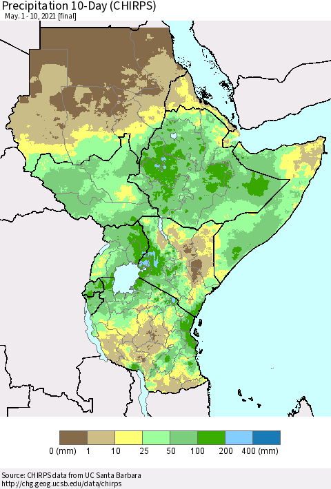 Eastern Africa Precipitation 10-Day (CHIRPS) Thematic Map For 5/1/2021 - 5/10/2021