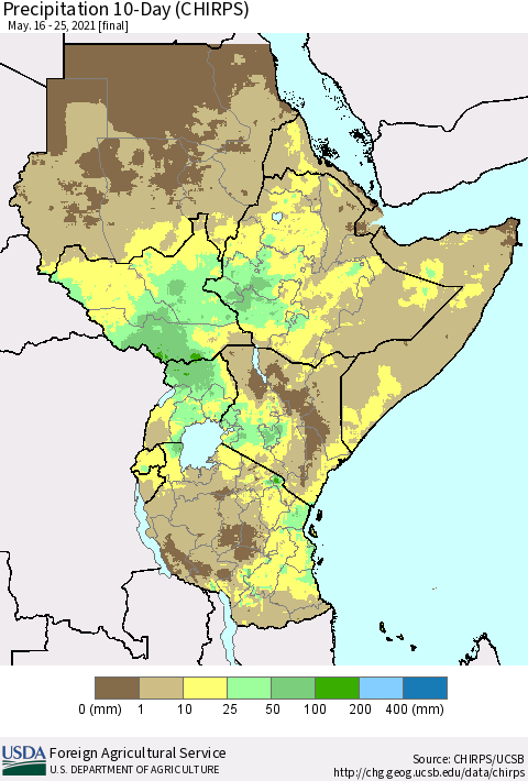Eastern Africa Precipitation 10-Day (CHIRPS) Thematic Map For 5/16/2021 - 5/25/2021
