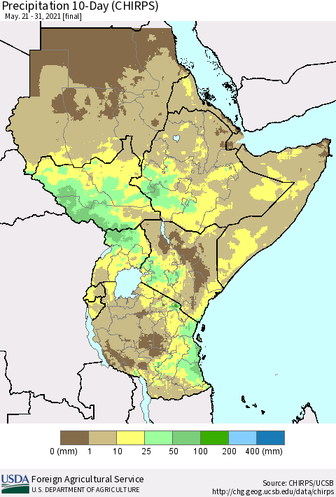 Eastern Africa Precipitation 10-Day (CHIRPS) Thematic Map For 5/21/2021 - 5/31/2021