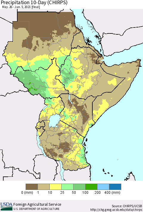 Eastern Africa Precipitation 10-Day (CHIRPS) Thematic Map For 5/26/2021 - 6/5/2021