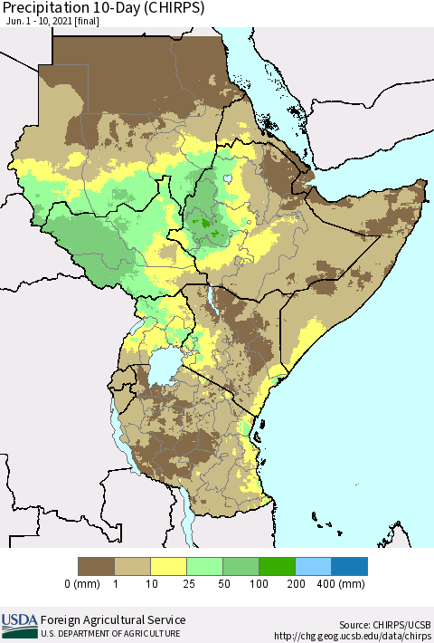 Eastern Africa Precipitation 10-Day (CHIRPS) Thematic Map For 6/1/2021 - 6/10/2021