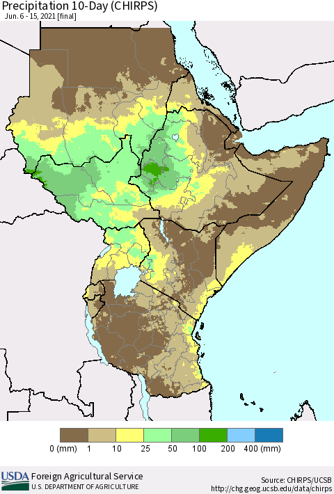 Eastern Africa Precipitation 10-Day (CHIRPS) Thematic Map For 6/6/2021 - 6/15/2021
