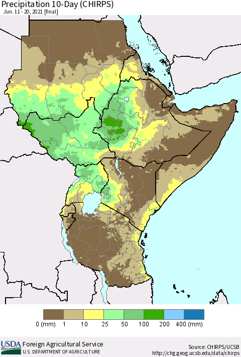 Eastern Africa Precipitation 10-Day (CHIRPS) Thematic Map For 6/11/2021 - 6/20/2021