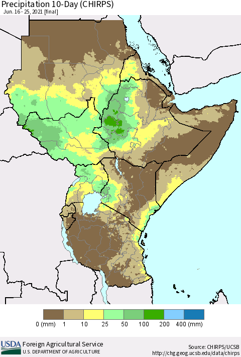 Eastern Africa Precipitation 10-Day (CHIRPS) Thematic Map For 6/16/2021 - 6/25/2021