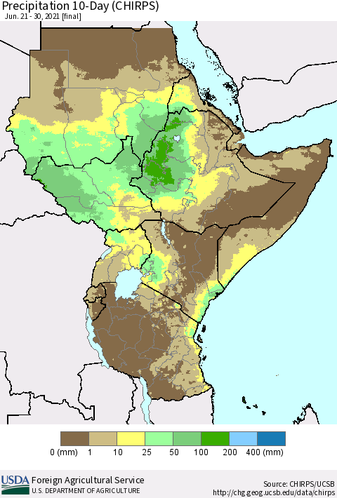 Eastern Africa Precipitation 10-Day (CHIRPS) Thematic Map For 6/21/2021 - 6/30/2021