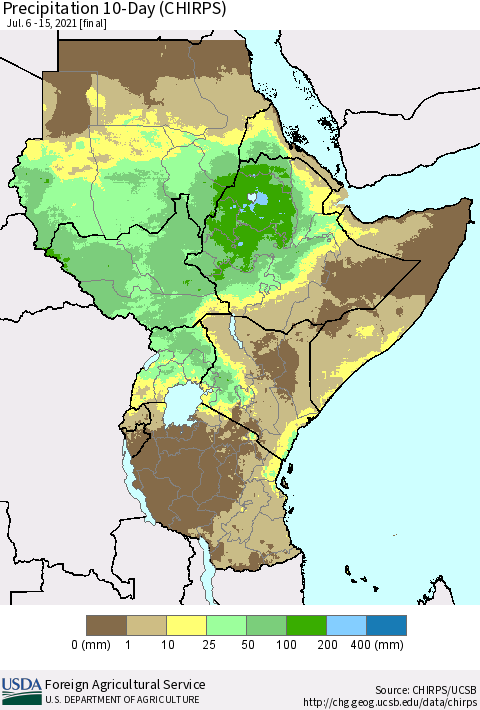 Eastern Africa Precipitation 10-Day (CHIRPS) Thematic Map For 7/6/2021 - 7/15/2021