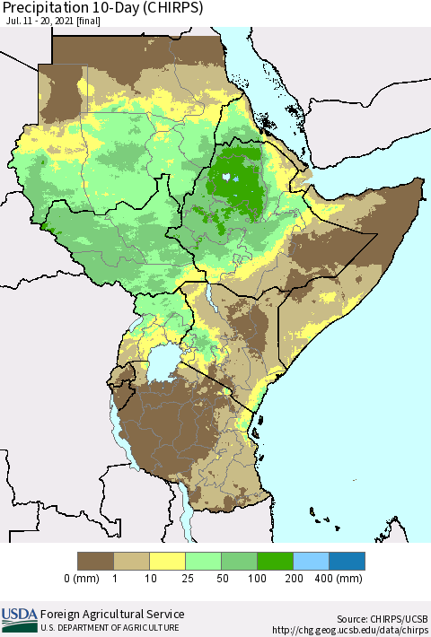 Eastern Africa Precipitation 10-Day (CHIRPS) Thematic Map For 7/11/2021 - 7/20/2021
