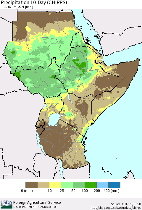 Eastern Africa Precipitation 10-Day (CHIRPS) Thematic Map For 7/16/2021 - 7/25/2021