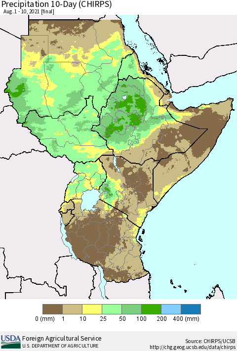 Eastern Africa Precipitation 10-Day (CHIRPS) Thematic Map For 8/1/2021 - 8/10/2021