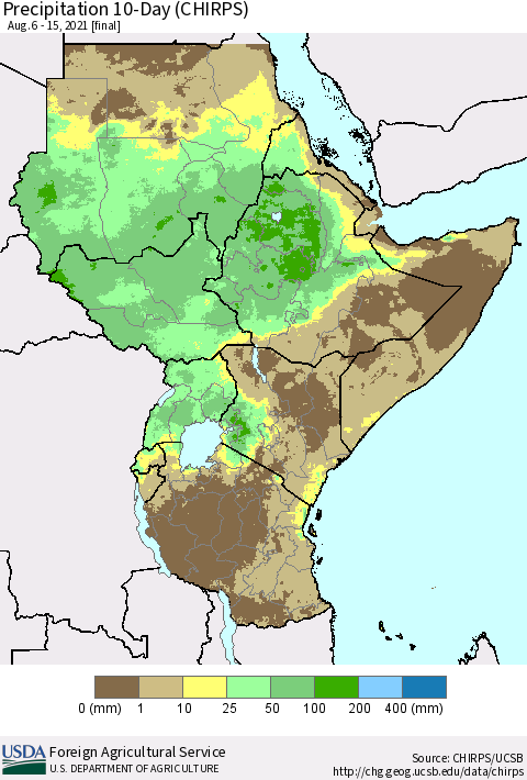 Eastern Africa Precipitation 10-Day (CHIRPS) Thematic Map For 8/6/2021 - 8/15/2021