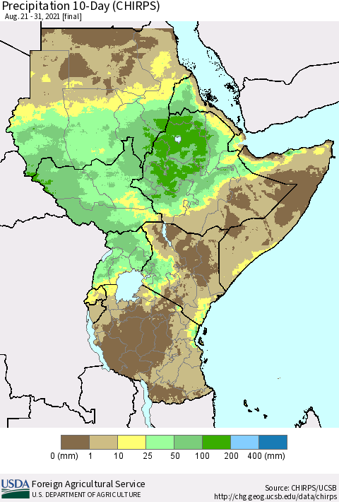 Eastern Africa Precipitation 10-Day (CHIRPS) Thematic Map For 8/21/2021 - 8/31/2021