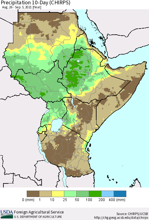 Eastern Africa Precipitation 10-Day (CHIRPS) Thematic Map For 8/26/2021 - 9/5/2021