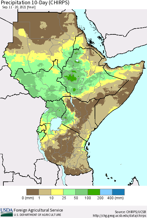 Eastern Africa Precipitation 10-Day (CHIRPS) Thematic Map For 9/11/2021 - 9/20/2021