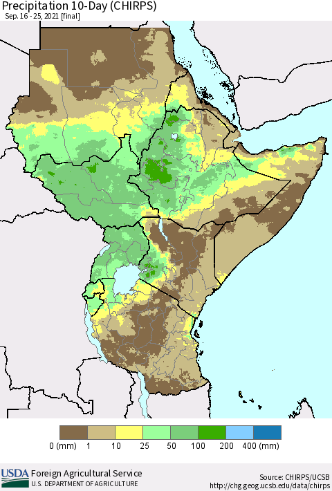 Eastern Africa Precipitation 10-Day (CHIRPS) Thematic Map For 9/16/2021 - 9/25/2021