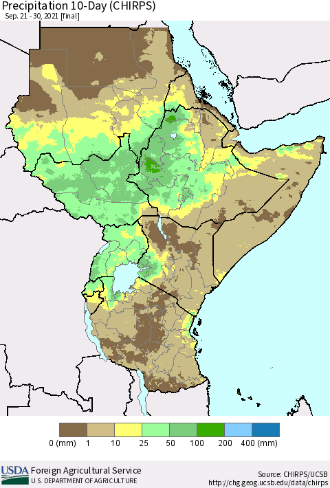 Eastern Africa Precipitation 10-Day (CHIRPS) Thematic Map For 9/21/2021 - 9/30/2021