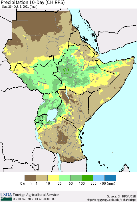 Eastern Africa Precipitation 10-Day (CHIRPS) Thematic Map For 9/26/2021 - 10/5/2021