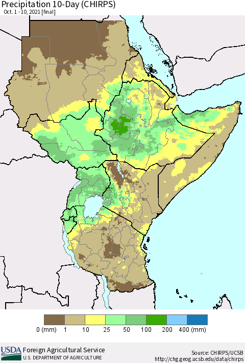 Eastern Africa Precipitation 10-Day (CHIRPS) Thematic Map For 10/1/2021 - 10/10/2021