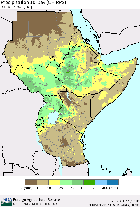 Eastern Africa Precipitation 10-Day (CHIRPS) Thematic Map For 10/6/2021 - 10/15/2021