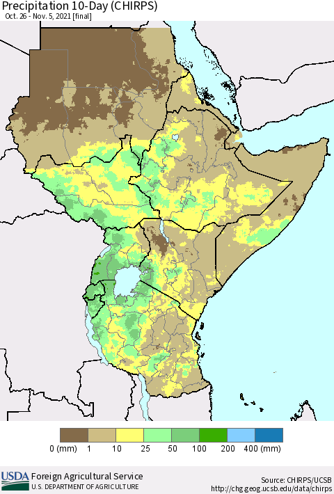 Eastern Africa Precipitation 10-Day (CHIRPS) Thematic Map For 10/26/2021 - 11/5/2021