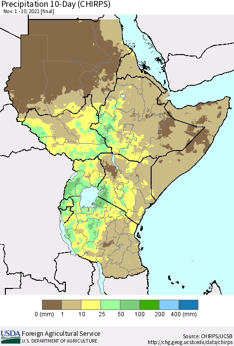 Eastern Africa Precipitation 10-Day (CHIRPS) Thematic Map For 11/1/2021 - 11/10/2021